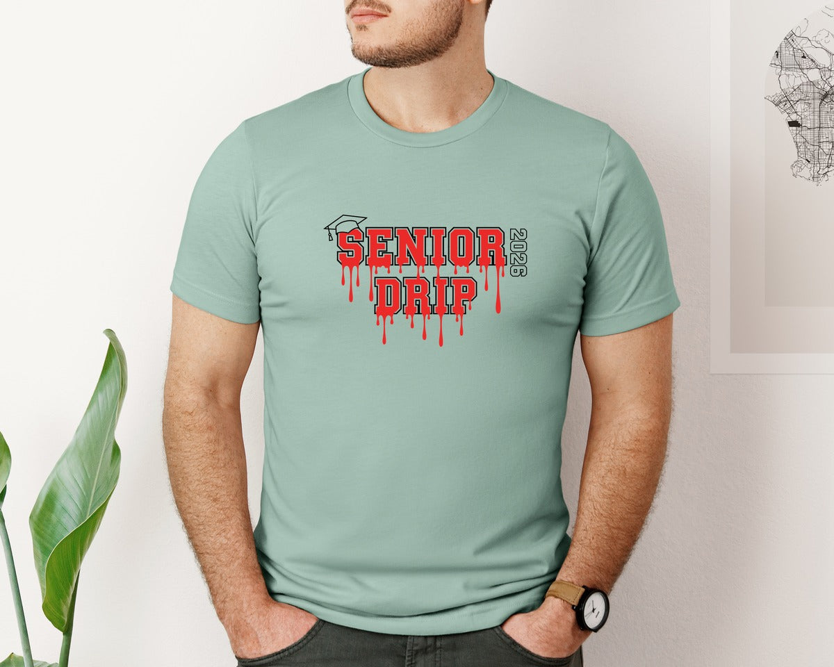 brand:Bella Canvas|color:Dusty Blue|Red Senior Drip 2026 Design Graphic T-Shirt