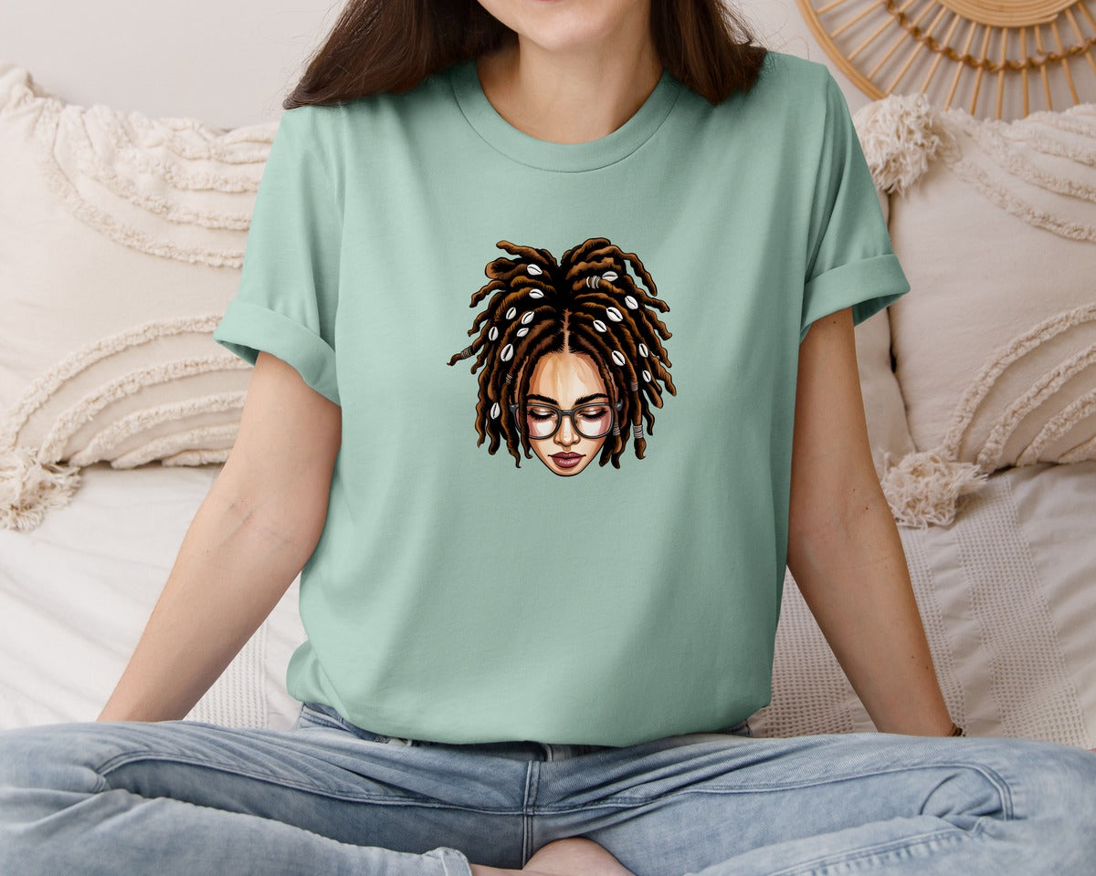 brand:Bella Canvas|color:Dusty Blue|Afro Locs Messy Bun Graphic T-Shirt