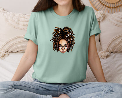brand:Bella Canvas|color:Dusty Blue|Afro Locs Messy Bun Graphic T-Shirt
