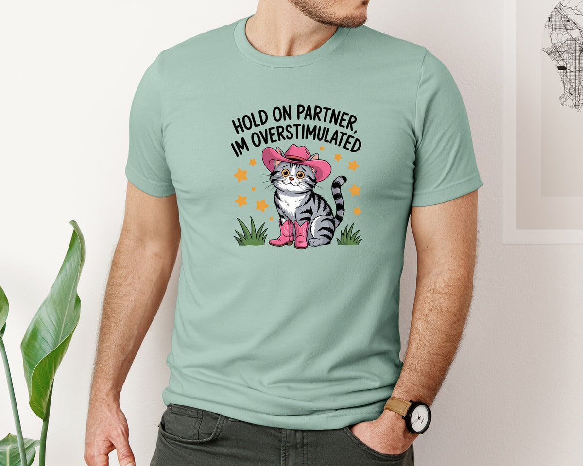 brand:Bella Canvas|color:Dusty Blue|Cowboy Cat Overstimulated Graphic T-Shirt