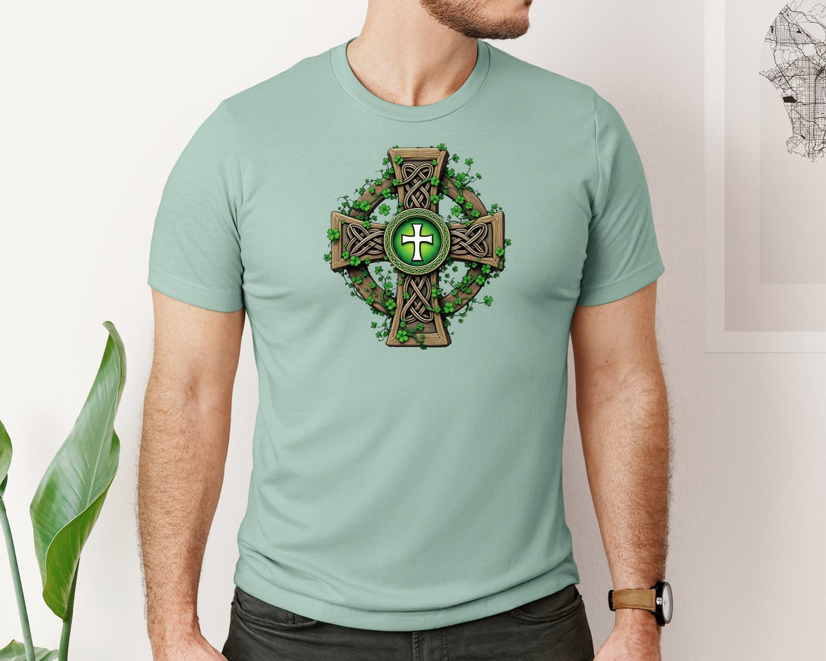 brand:Bella Canvas|color:Dusty Blue|Celtic Cross With Shamrocks Irish Graphic T-Shirt