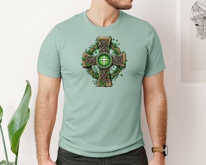 brand:Bella Canvas|color:Dusty Blue|Celtic Cross With Shamrocks Irish Graphic T-Shirt