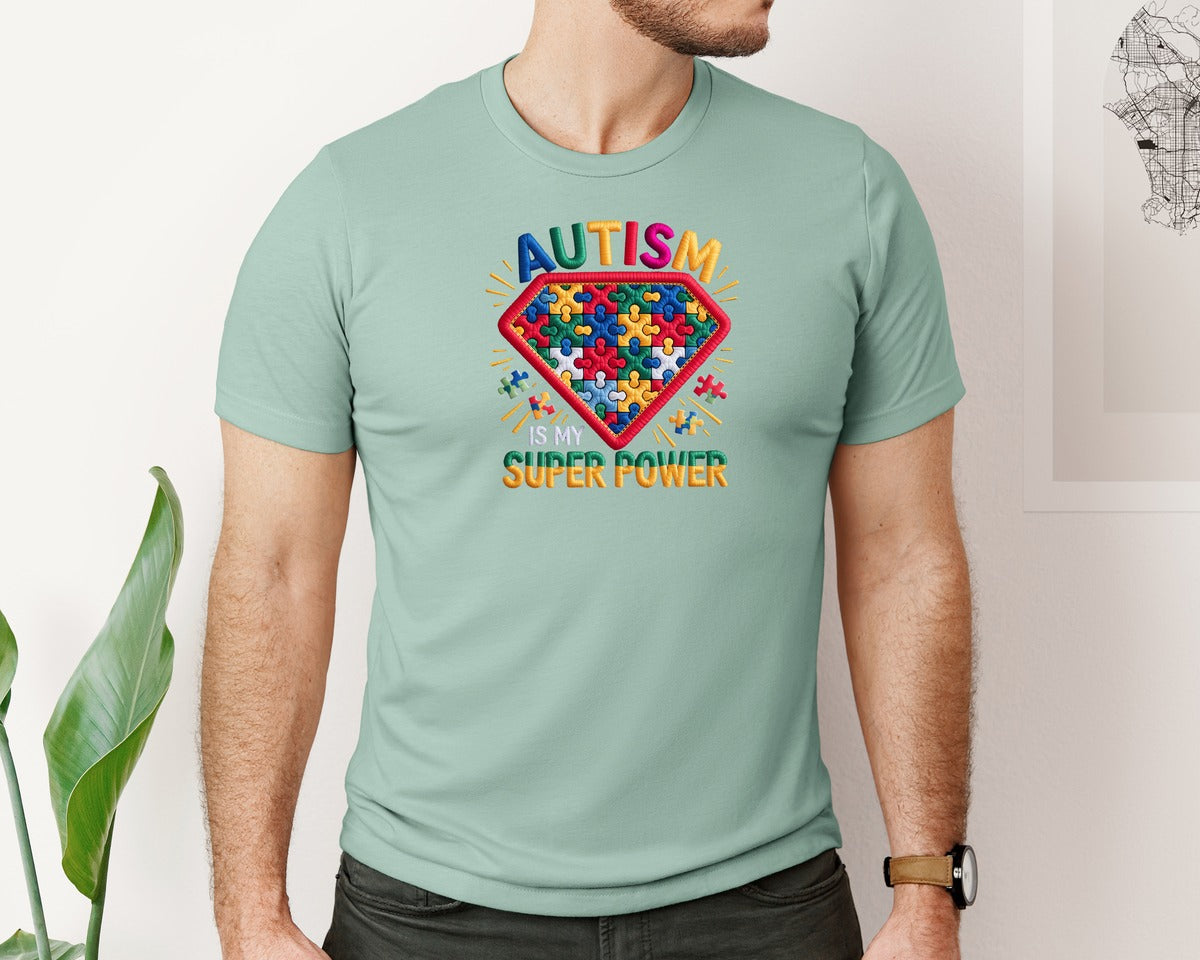 brand:Bella Canvas|color:Dusty Blue|Autism Superpower Puzzle Yarn Shirt Graphic T-Shirt