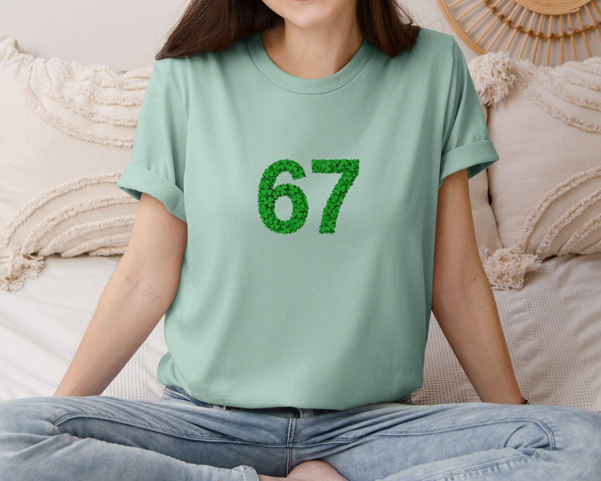 brand:Bella Canvas|color:Dusty Blue|Lucky Shamrock 67 Number Graphic T-Shirt