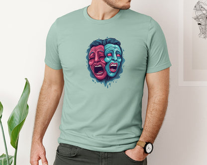 brand:Bella Canvas|color:Dusty Blue|Vibrant Abstract Faces Art Graphic T-Shirt