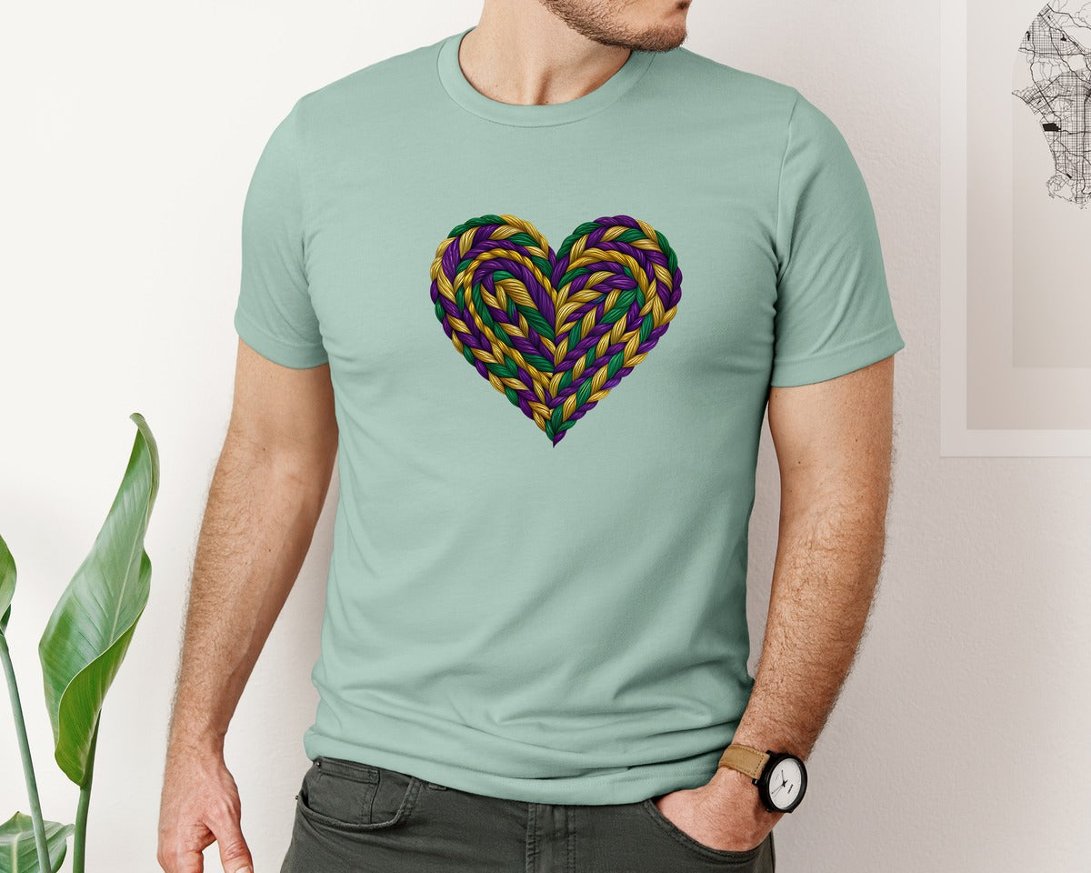 brand:Bella Canvas|color:Dusty Blue|Latch Hook Mardi Gras Heart Graphic T-Shirt
