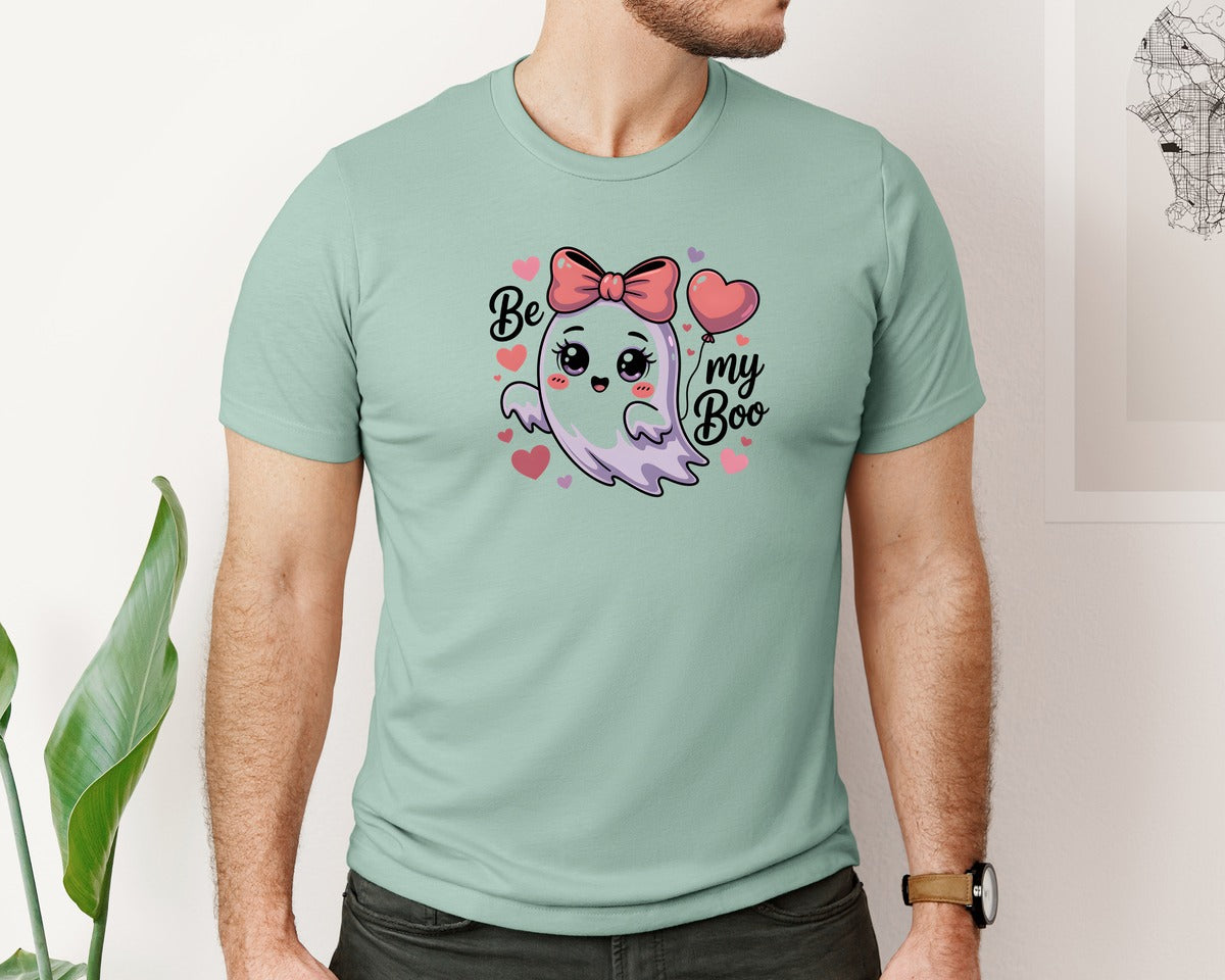 brand:Bella Canvas|color:Dusty Blue|Valentines Day Ghost Be My Boo Graphic T-Shirt