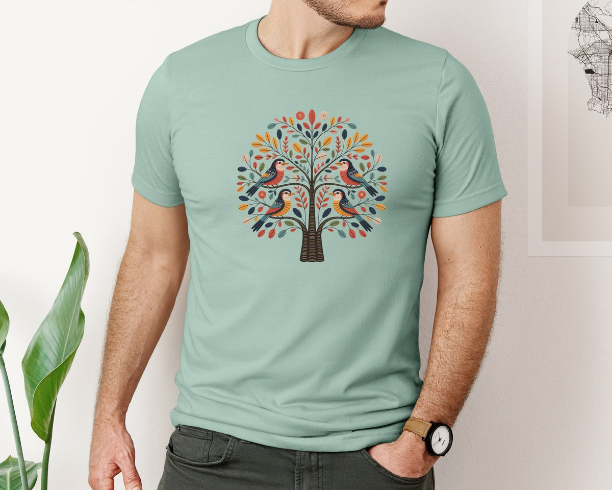 brand:Bella Canvas|color:Dusty Blue|Folk Art Tree Of Life Birds Floral Graphic T-Shirt