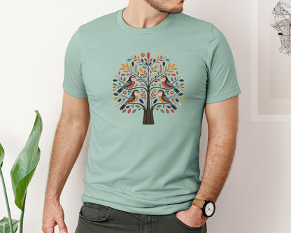 brand:Bella Canvas|color:Dusty Blue|Folk Art Tree Of Life Birds Floral Graphic T-Shirt