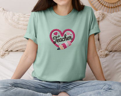 brand:Bella Canvas|color:Dusty Blue|Knitted Pencils Heart Teacher Love Graphic T-Shirt