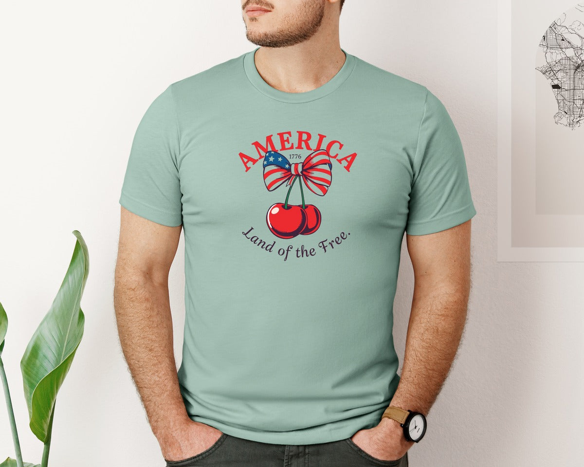 brand:Bella Canvas|color:Dusty Blue|4Th Of July Coquette Cherry Bow 13 Graphic T-Shirt