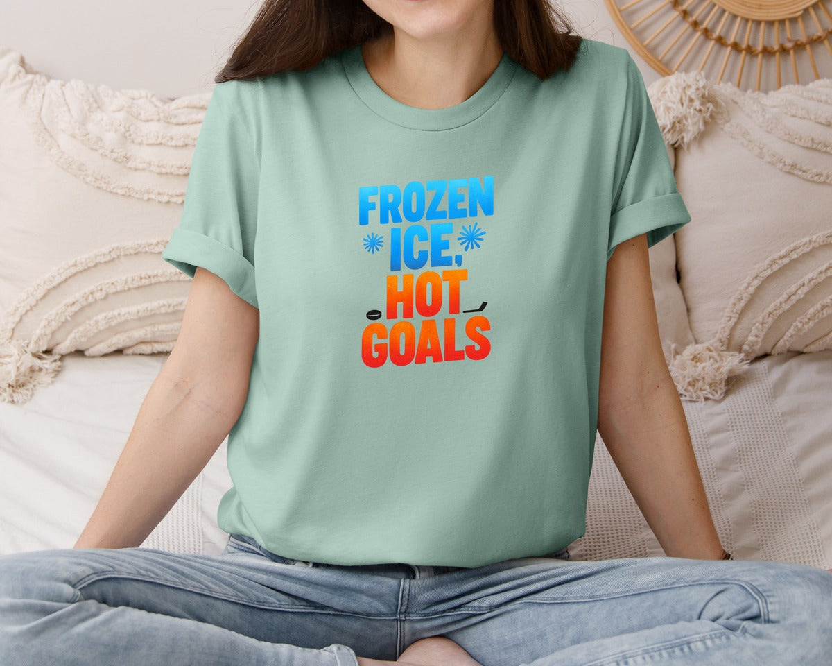 brand:Bella Canvas|color:Dusty Blue|Frozen Ice Hot Goals Hockey Graphic T-Shirt
