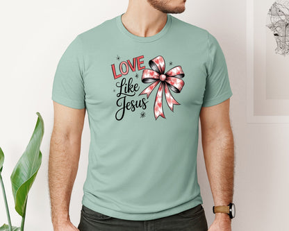 brand:Bella Canvas|color:Dusty Blue|Love Like Jesus Coquette Valentine 10 Graphic T-Shirt