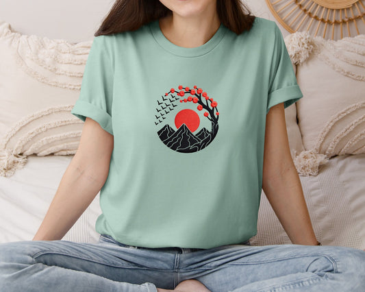 Red Sun Mountain Embroidery Graphic T-Shirt