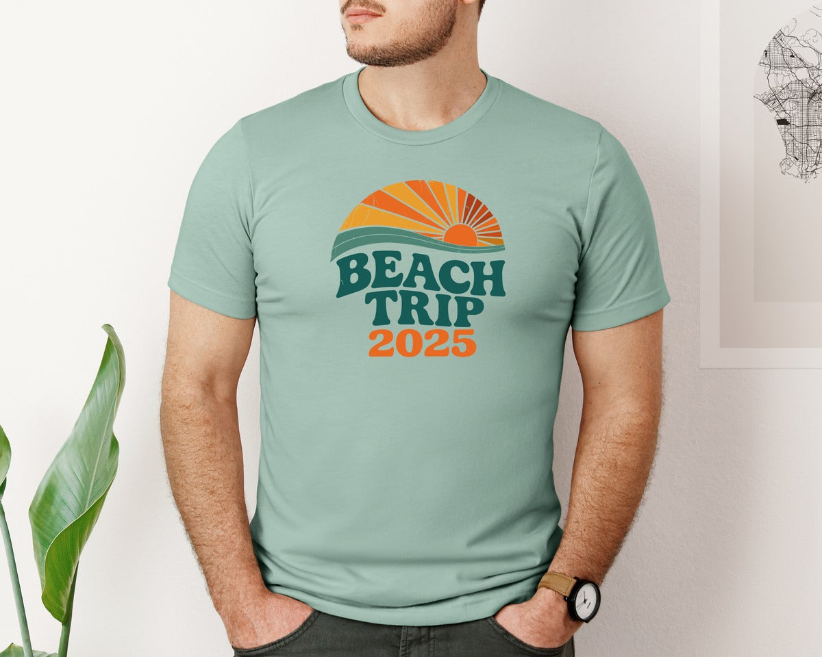 brand:Bella Canvas|color:Dusty Blue|Retro Beach Trip 2025 Summer Shirt Graphic T-Shirt