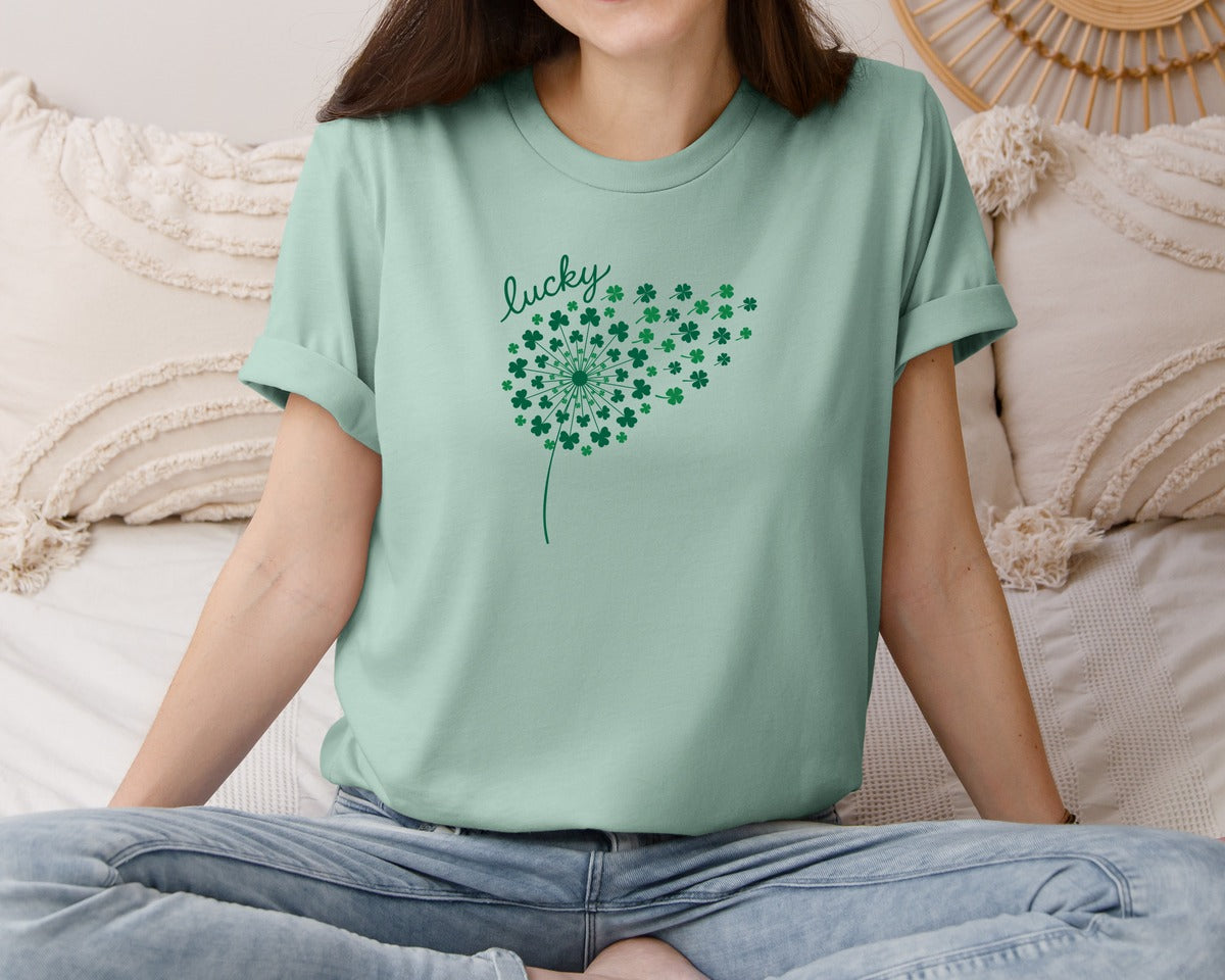 brand:Bella Canvas|color:Dusty Blue|St Patricks Day Dandelion Irish Graphic T-Shirt