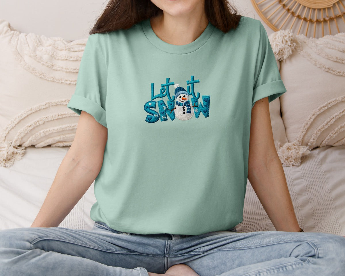 brand:Bella Canvas|color:Dusty Blue|Let It Snow Faux Yarn Winter Snowman Graphic T-Shirt