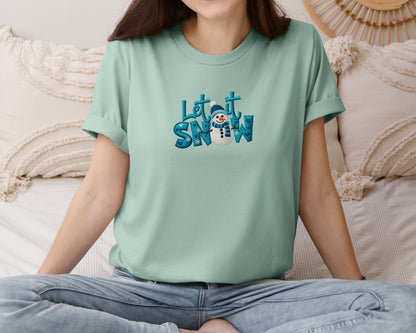 brand:Bella Canvas|color:Dusty Blue|Let It Snow Faux Yarn Winter Snowman Graphic T-Shirt