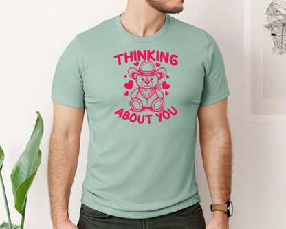 brand:Bella Canvas|color:Dusty Blue|Thinking About You Teddy Bear Cowboy Graphic T-Shirt