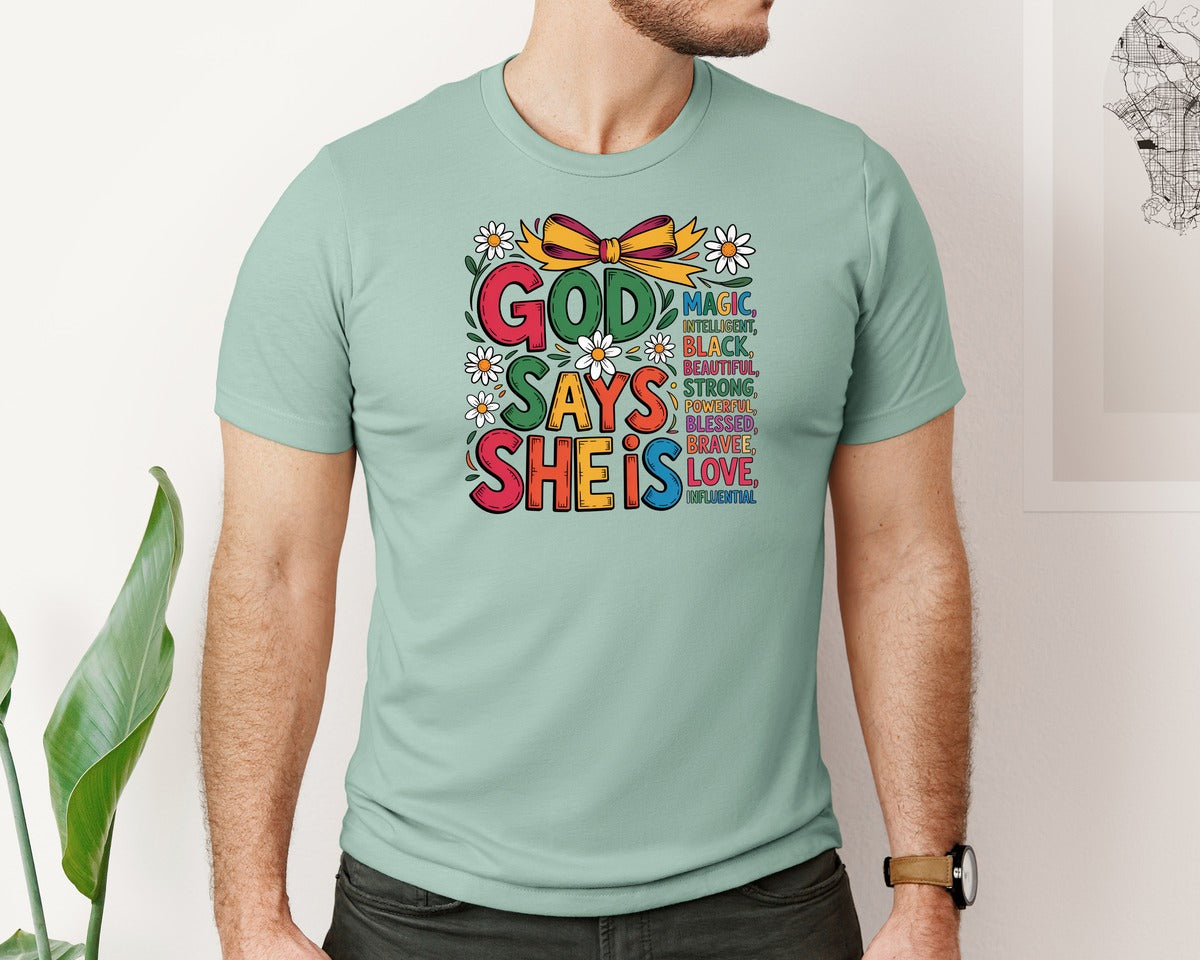 brand:Bella Canvas|color:Dusty Blue|God Says She Is Magic Checker Bow Graphic T-Shirt