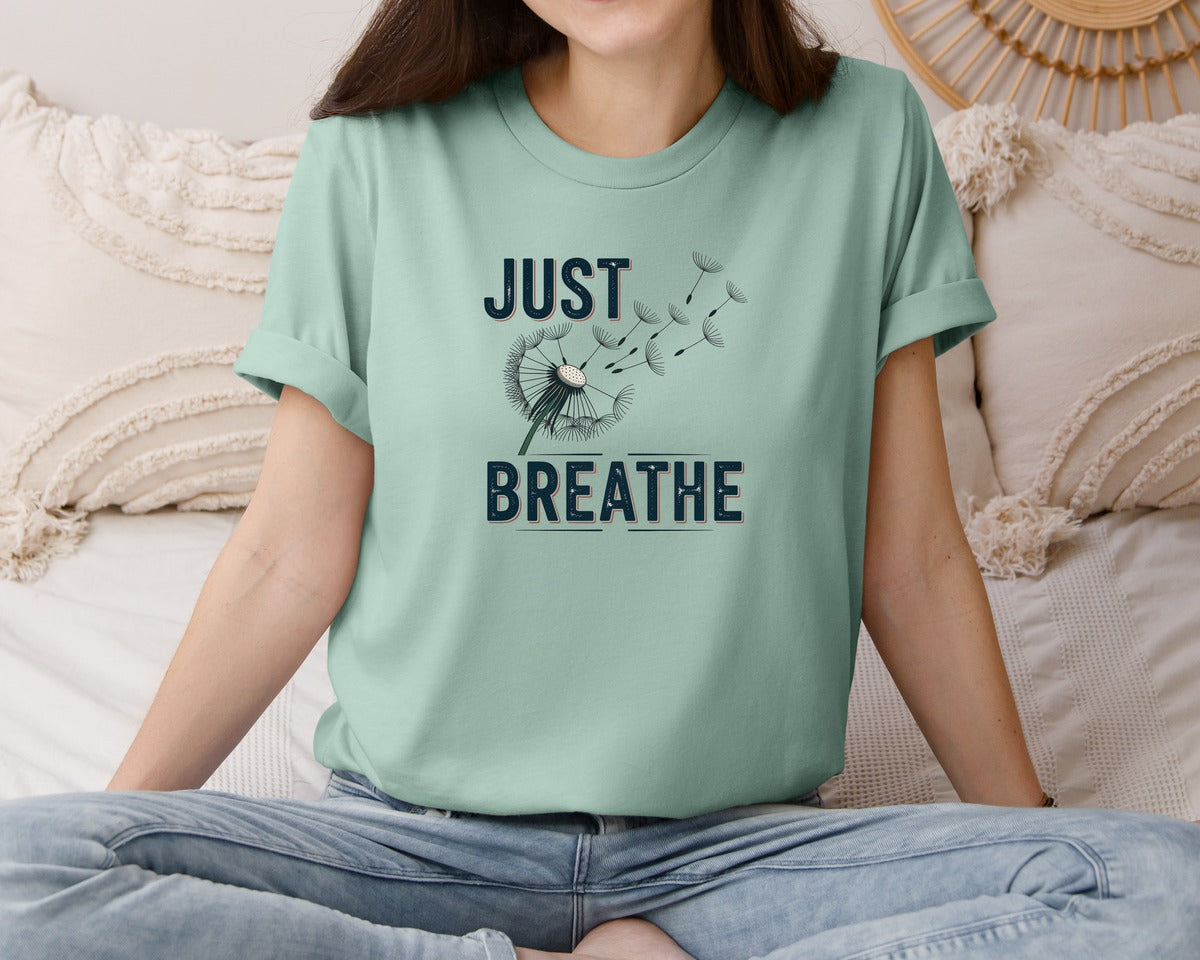 brand:Bella Canvas|color:Dusty Blue|Just Breathe Dandelion Mindfulness Graphic T-Shirt