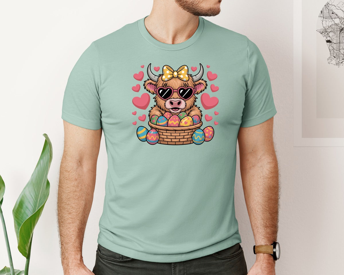 brand:Bella Canvas|color:Dusty Blue|Easter Day Highland Cow Graphic T-Shirt