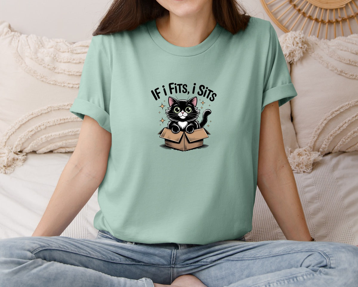 brand:Bella Canvas|color:Dusty Blue|If I Fits I Sits Cat Funny Cat Graphic T-Shirt