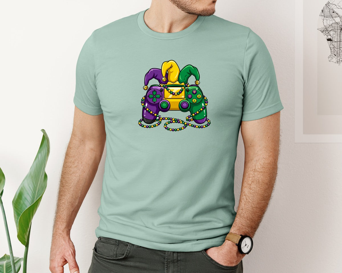 brand:Bella Canvas|color:Dusty Blue|Mardi Gras Gamer Jester Controller Graphic T-Shirt