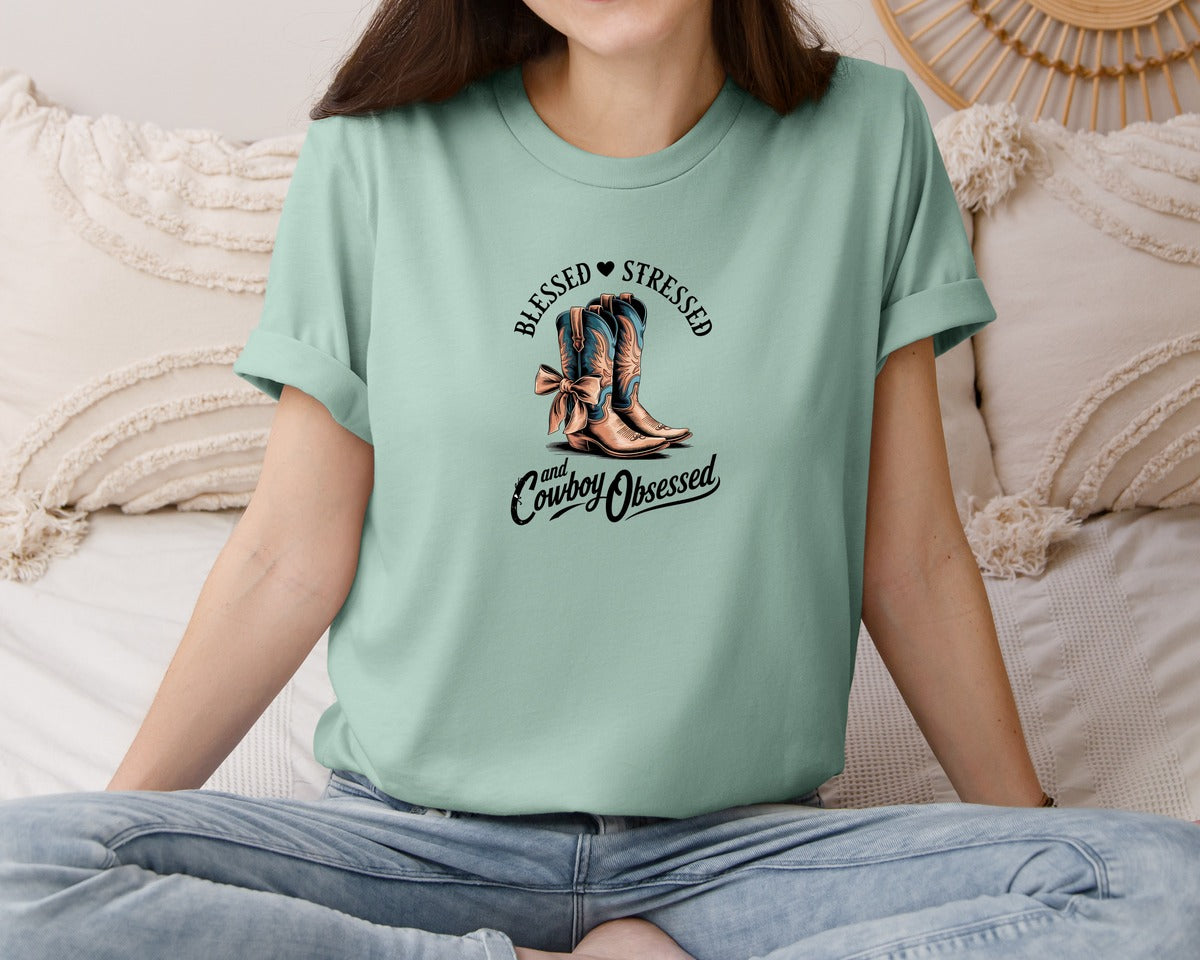 brand:Bella Canvas|color:Dusty Blue|Blessed Stressed Mom Western Mothers Day 3 Graphic T-Shirt