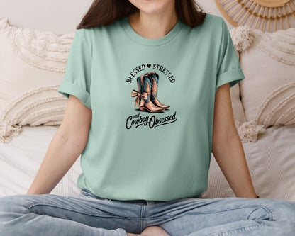 brand:Bella Canvas|color:Dusty Blue|Blessed Stressed Mom Western Mothers Day 3 Graphic T-Shirt