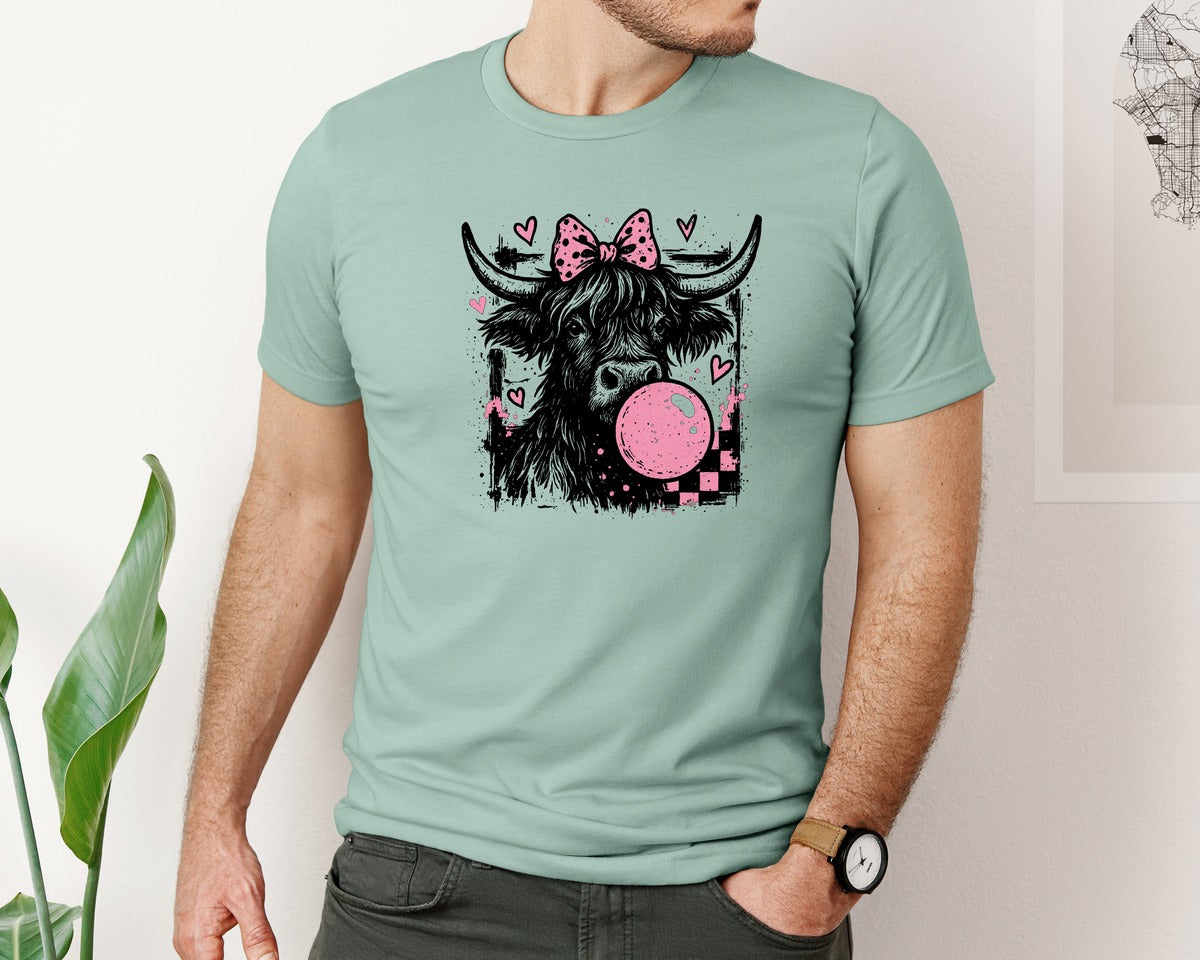 brand:Bella Canvas|color:Dusty Blue|Valentine Cow Bubble Gum Cow Graphic T-Shirt