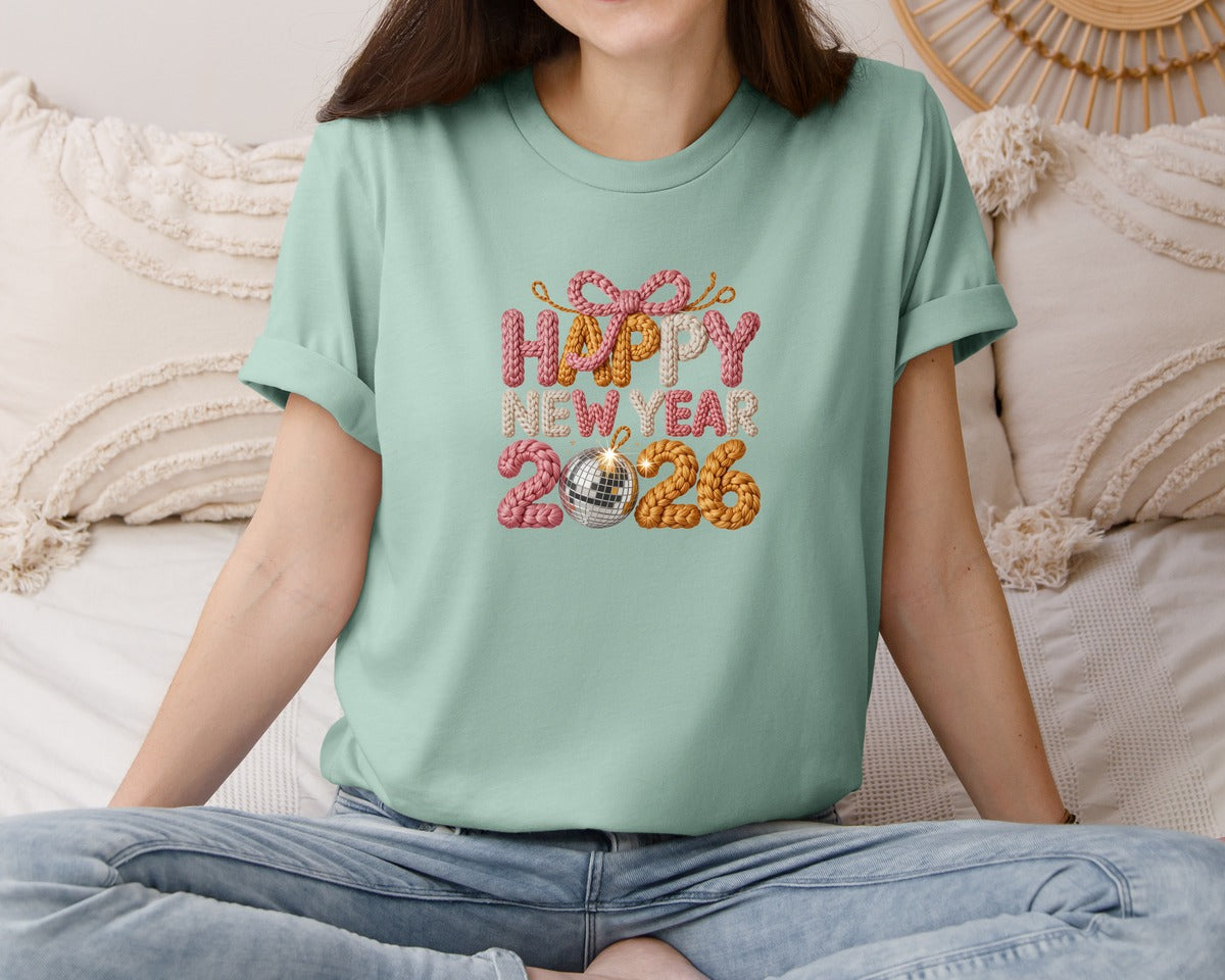 brand:Bella Canvas|color:Dusty Blue|Happy New Year 2026 Crochet Yarn 16 Graphic T-Shirt