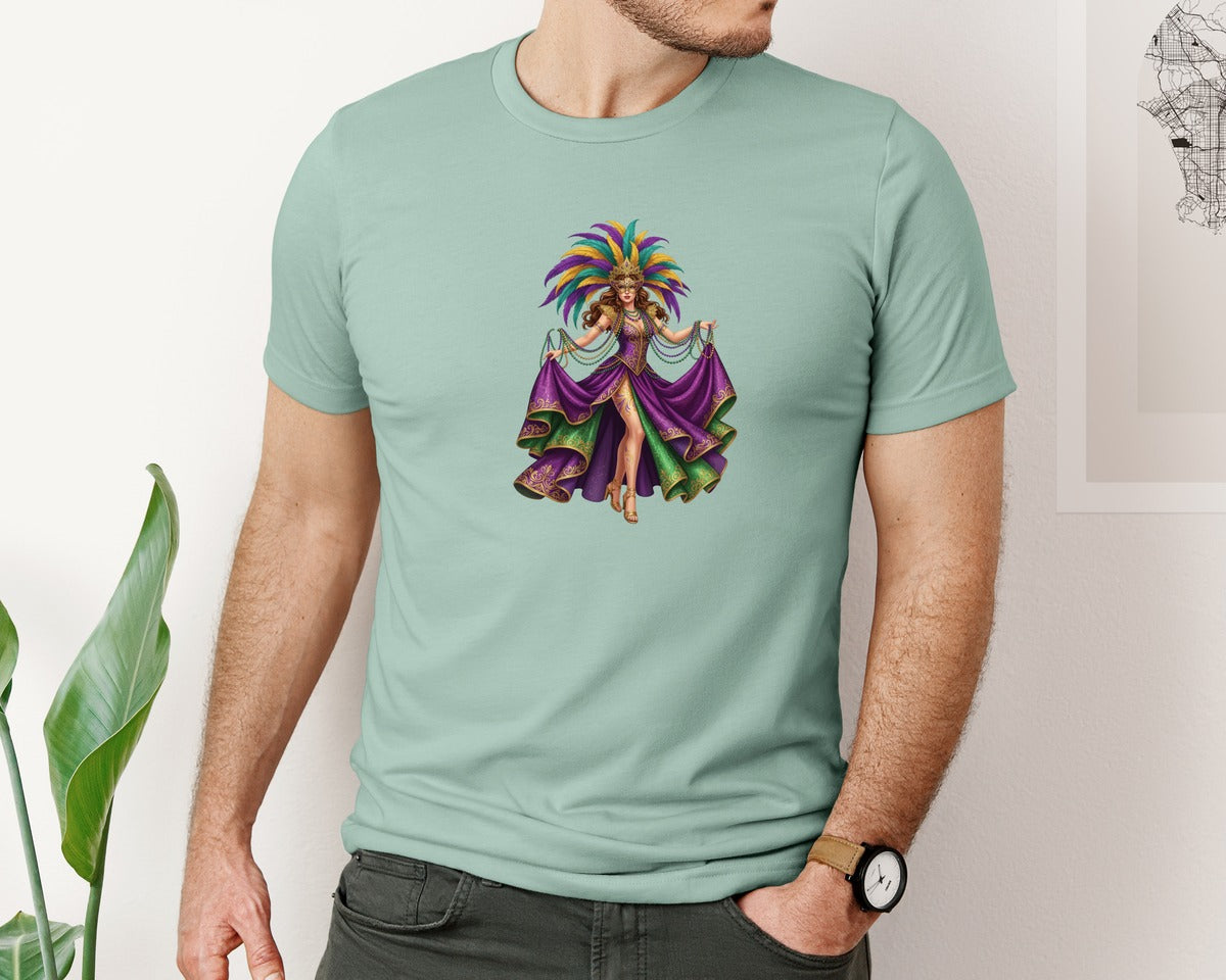 brand:Bella Canvas|color:Dusty Blue|Mardi Gras Girl Graphic T-Shirt