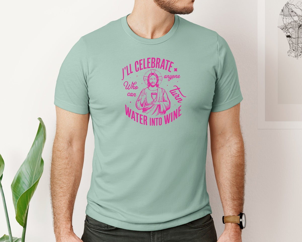 brand:Bella Canvas|color:Dusty Blue|Jesus Water Into Wine Design Graphic T-Shirt
