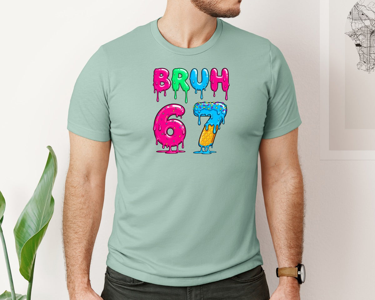 brand:Bella Canvas|color:Dusty Blue|Bruh 67 Dripping Ice Cream Style Graphic T-Shirt