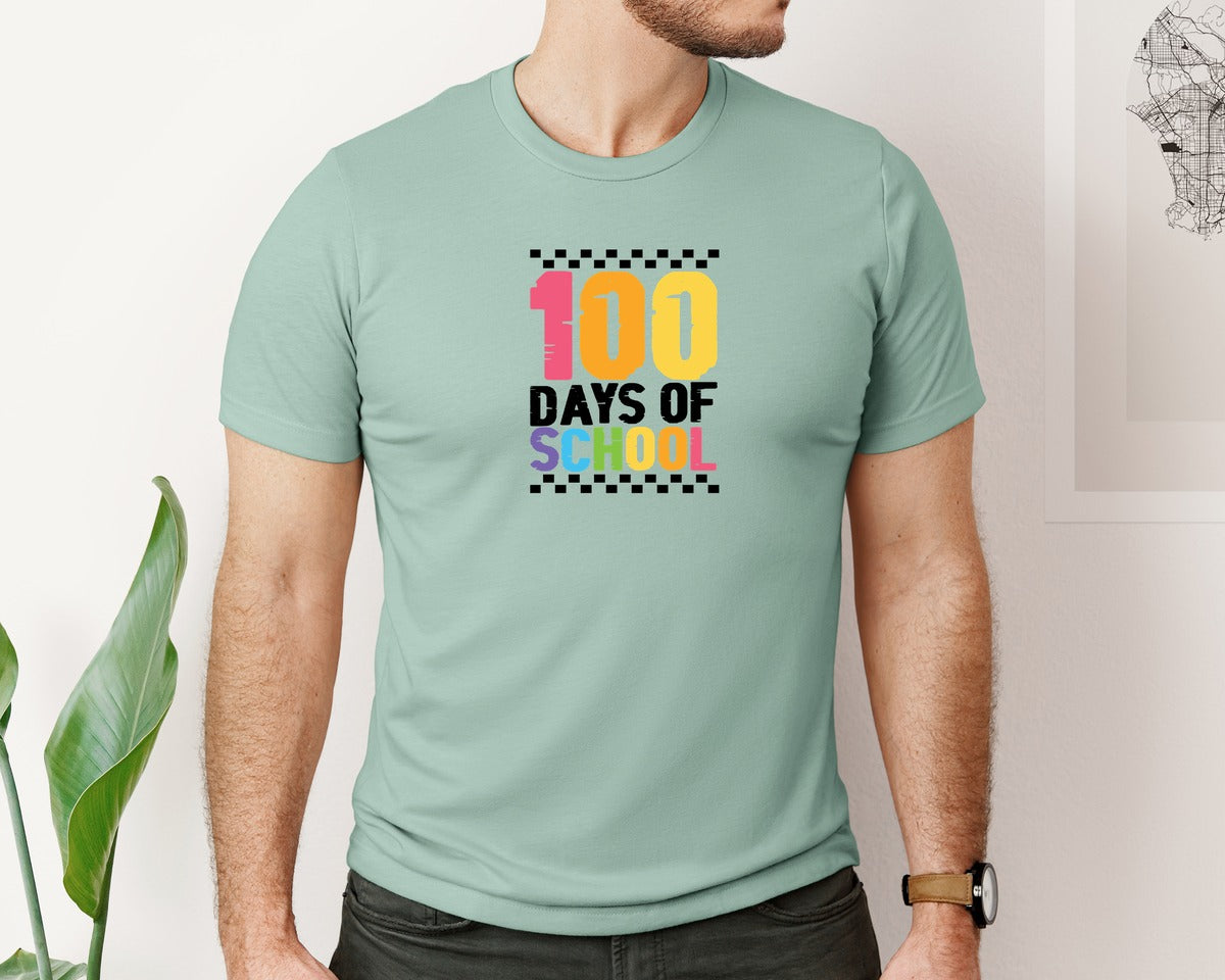 brand:Bella Canvas|color:Dusty Blue|100 Days Of School Teacher Graphic T-Shirt