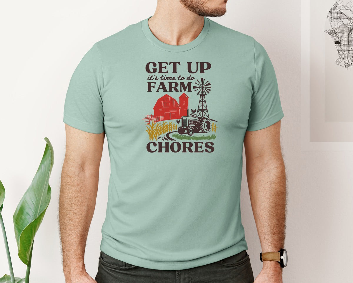 brand:Bella Canvas|color:Dusty Blue|Get Up Its Time To Do Farm Chores 2 Graphic T-Shirt