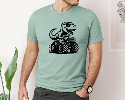 brand:Bella Canvas|color:Dusty Blue|T Rex Riding Monster Truck Graphic T-Shirt