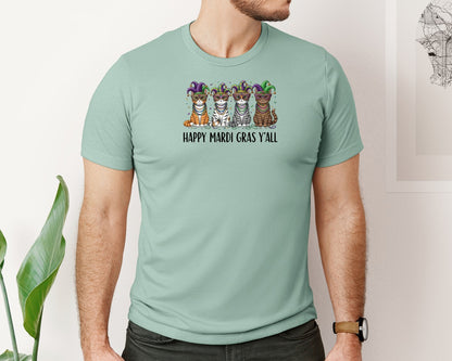 brand:Bella Canvas|color:Dusty Blue|Happy Mardi Gras Yall Cat Graphic T-Shirt