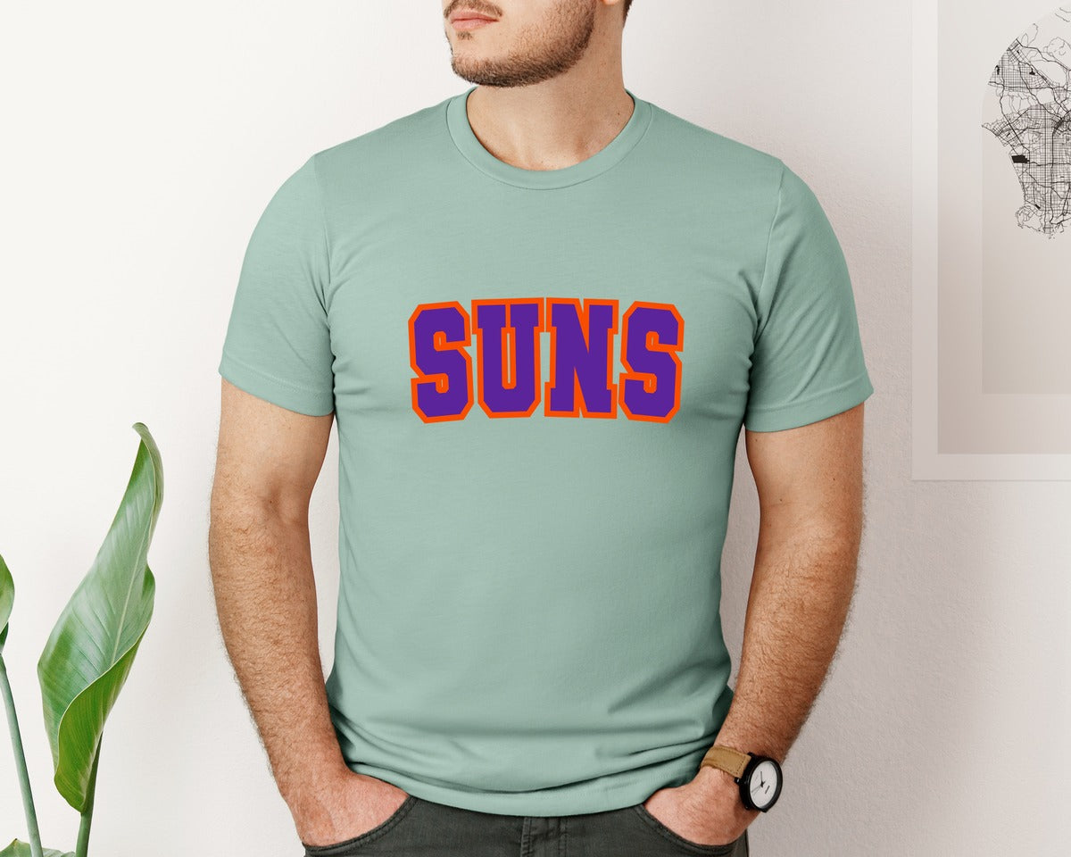 brand:Bella Canvas|color:Dusty Blue|Suns Varsity Curved Purple And Orange Graphic T-Shirt