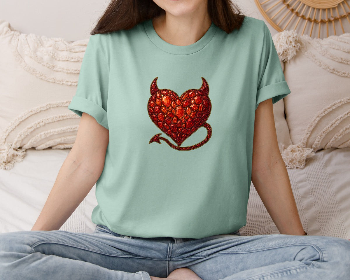 brand:Bella Canvas|color:Dusty Blue|Faux Rhinestone Devil Heart Graphic T-Shirt