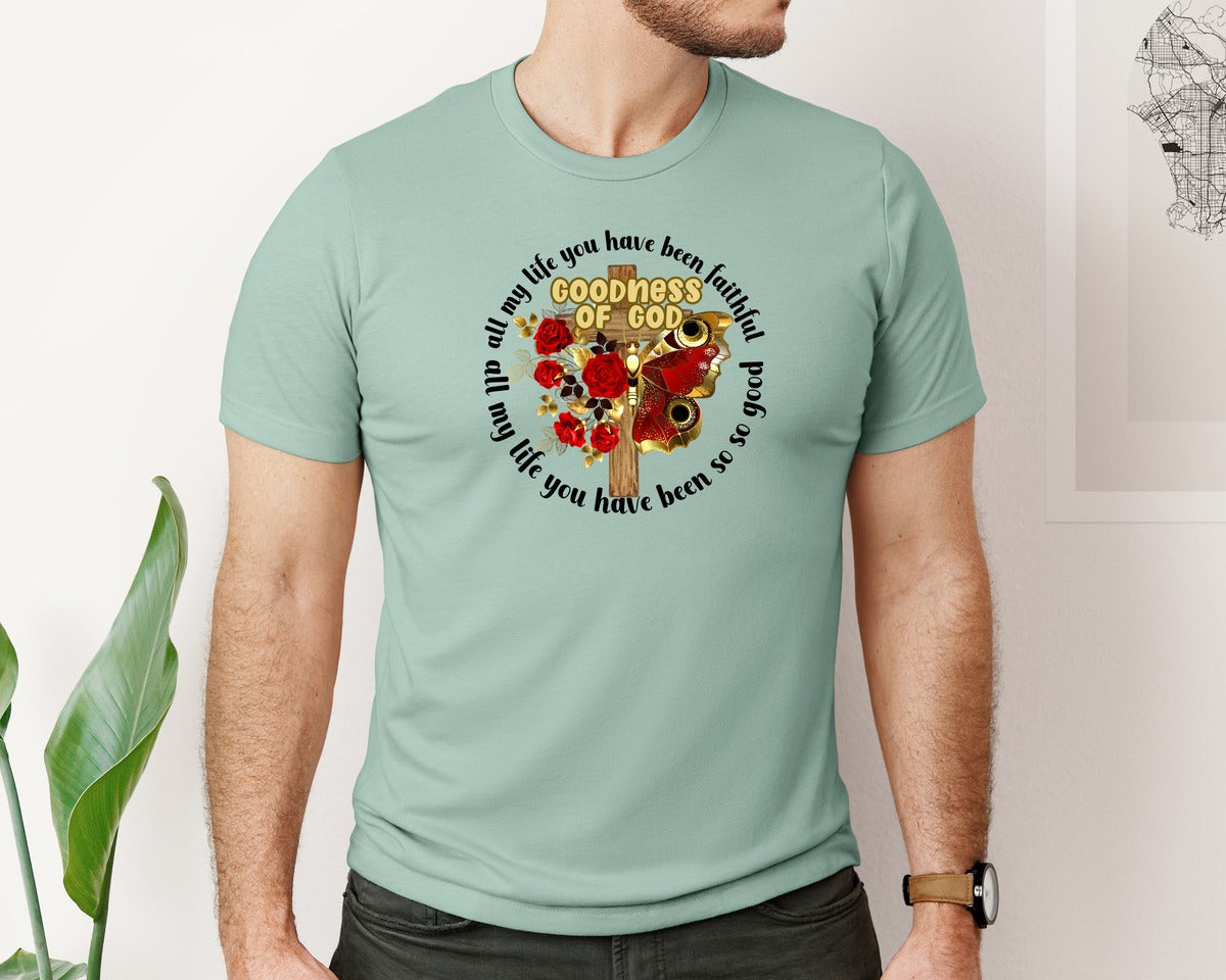 brand:Bella Canvas|color:Dusty Blue|Goodness Of God Retro Christian Graphic T-Shirt