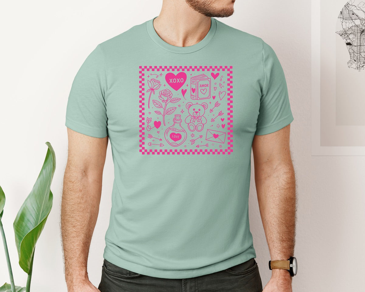 brand:Bella Canvas|color:Dusty Blue|Book Lover Valentine Doodles Graphic T-Shirt