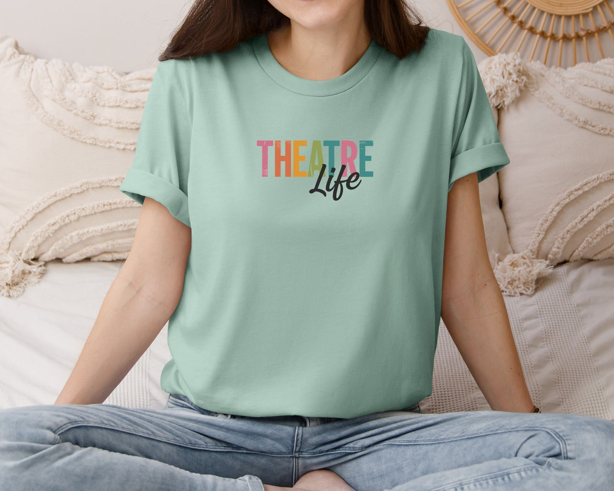 brand:Bella Canvas|color:Dusty Blue|Theatre Life Colorful Retro Text Design Graphic T-Shirt