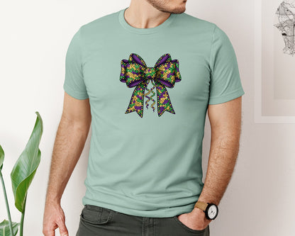 brand:Bella Canvas|color:Dusty Blue|Mardi Gras Sequin Coquette Bow Graphic T-Shirt