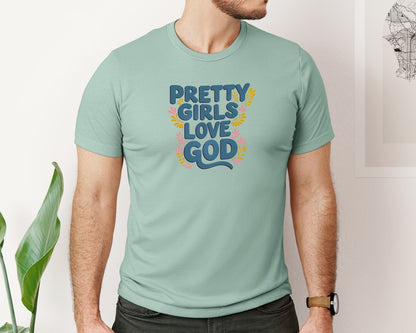brand:Bella Canvas|color:Dusty Blue|Pretty Girls Love God Christian 3 Graphic T-Shirt