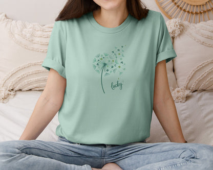 brand:Bella Canvas|color:Dusty Blue|St Patricks Day Dandelion Shamrock 3 Graphic T-Shirt