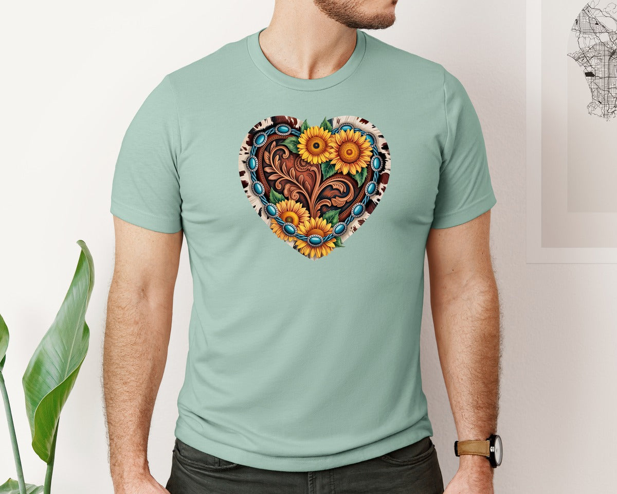 brand:Bella Canvas|color:Dusty Blue|Western Sunflower Heart 2 Graphic T-Shirt