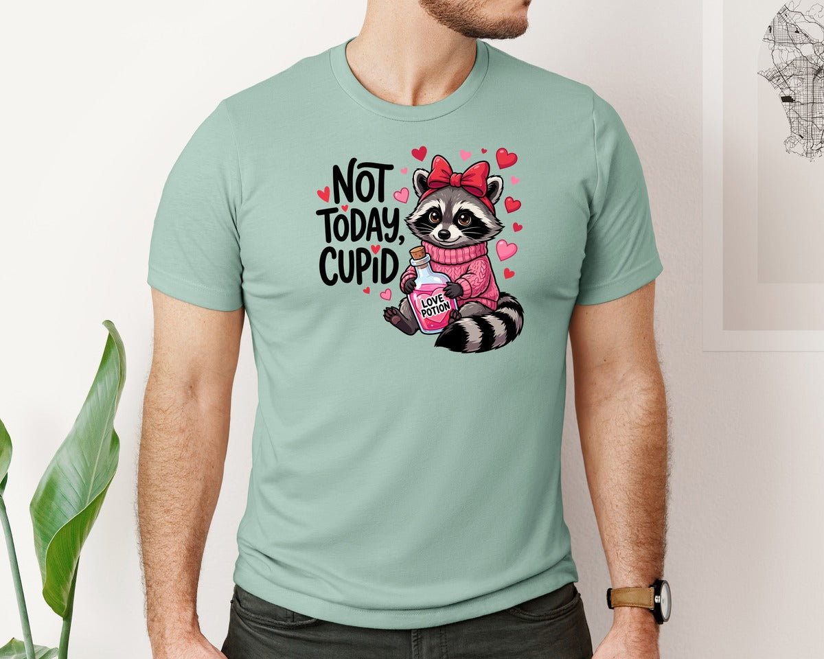 brand:Bella Canvas|color:Dusty Blue|Funny Not Today Cupid Raccoon 2 Graphic T-Shirt