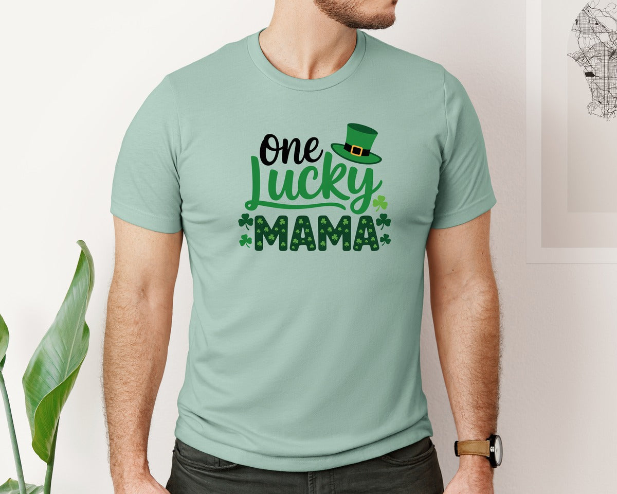 brand:Bella Canvas|color:Dusty Blue|One Lucky Mama Shirt Womens St Patricks Graphic T-Shirt